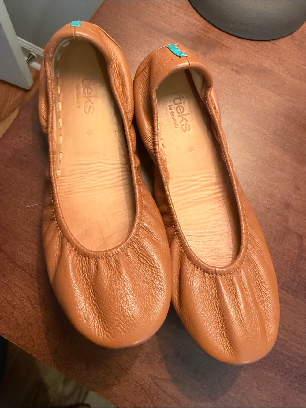 Tieks Tan Leather Ballet Flats with Turquoise Heel Tab